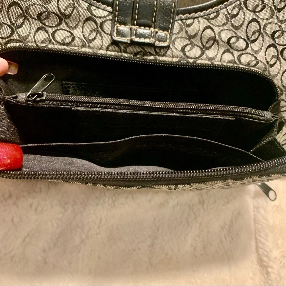 Shoulder Bag Like New Grey Canvas Black Vegan Leather Trim Circular Silver - Picture 8 of 16